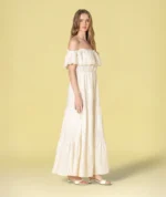 VESTIDO COMPRIDO CRU COM BORDADO INGLÊS RUGA