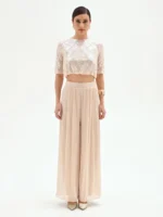 CALÇA PLISSADA ACETINADA BEGE COM CINTURA ELÁSTICA RINASCIMENTO