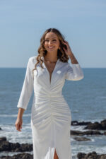 VESTIDO MIDI BRANCO DRAPEADO COM FRANZIDO PONTO CHIC