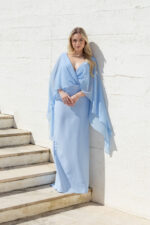 VESTIDO COMPRIDO AZUL SOBREPOSIÇÃO ESTILO CAPA  PONTO CHIC