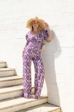 MACACÃO ESTAMPADO ROXO COM CINTO PONTO CHIC