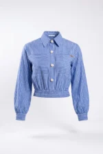 CAMISA AZUL ÀS RISCAS COM CINTURA FRANZIDA SAHOCO