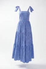 VESTIDO COMPRIDO AZUL ÀS RISCAS COM FOLHOS SAHOCO - Image 2