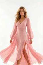 VESTIDO COMPRIDO ROSA COM FOLHOS E MANGA ABALONADA SAHOCO