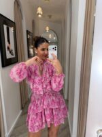 VESTIDO FLORAL ROSA COM FOLHOS PONTO CHIC