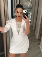 VESTIDO BEGE COM RENDA E MANGAS DRAPEADAS IMPERIAL - Image 5