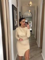 VESTIDO MIDI BEGE DRAPEADO COM MANGA COMPRIDA PONTO CHIC - Image 2