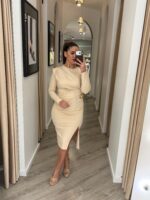 VESTIDO MIDI BEGE DRAPEADO COM MANGA COMPRIDA PONTO CHIC - Image 4