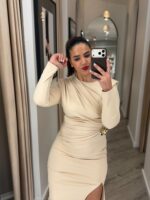 VESTIDO MIDI BEGE DRAPEADO COM MANGA COMPRIDA PONTO CHIC