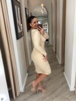 VESTIDO MIDI BEGE DRAPEADO COM MANGA COMPRIDA PONTO CHIC - Image 5