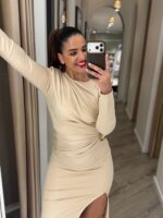 VESTIDO MIDI BEGE DRAPEADO COM MANGA COMPRIDA PONTO CHIC - Image 8