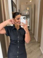 VESTIDO CAMISEIRO EM GANGA ESCURA COM FRANZIDO MISS YOU