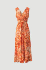 VESTIDO LARANJA COMPRIDO ESTAMPADO COM CINTO E DECOTE EM V FERRACHE - Image 3