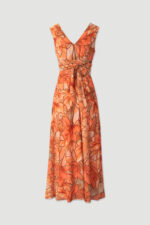 VESTIDO LARANJA COMPRIDO ESTAMPADO COM CINTO E DECOTE EM V FERRACHE - Image 4