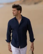 CAMISA DE LINHO GOLA ITALIANA  AZUL ZOLF