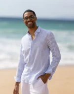 CAMISA GOLA ITALIANA DE LINHO COM RISCA AZUL CLARO ZOLF