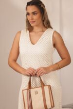 VESTIDO EM MALHA RENDADA COM DECOTE EM V CRU MISS YOU - Image 2