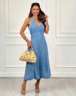 VESTIDO DE GANGA COM DECOTE EM V E ALÇAS LARGAS PONTO CHIC