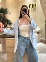 BLAZER AZUL COM FRANZIDO NA MANGA PONTO CHIC