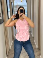 TOP ROSA COM LAÇOS APLICADOS PONTO CHIC