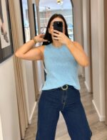 TOP AZUL BRILHO SEM MANGAS PONTO CHIC