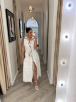 VESTIDO BRANCO COM BOLINHAS E CINTO DE CORDA PONTO CHIC
