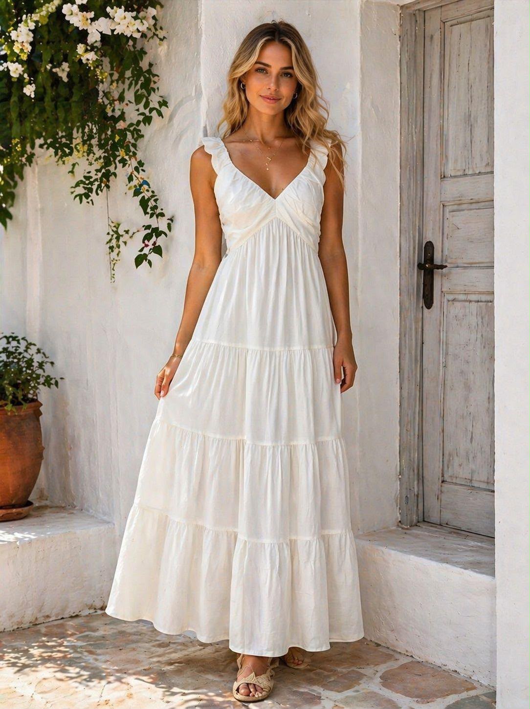 cc5465c9-dd40-44e3-b7ed-e29dd8fafcf4 VESTIDO BRANCO EM LINHO COM FOLHO NAS ALÇAS PONTO CHIC - Image 1