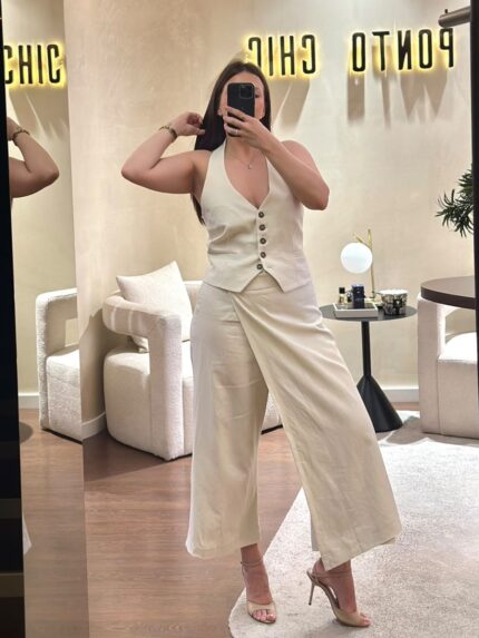 CULOTTE COM SOBREPOSIÇÃO EM LINHO NATURAL RINASCIMENTO