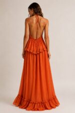 VESTIDO LARANJA COM DECOTE PROFUNDO E FOLHOS DIXIE - Image 2