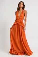 VESTIDO LARANJA COM DECOTE PROFUNDO E FOLHOS DIXIE