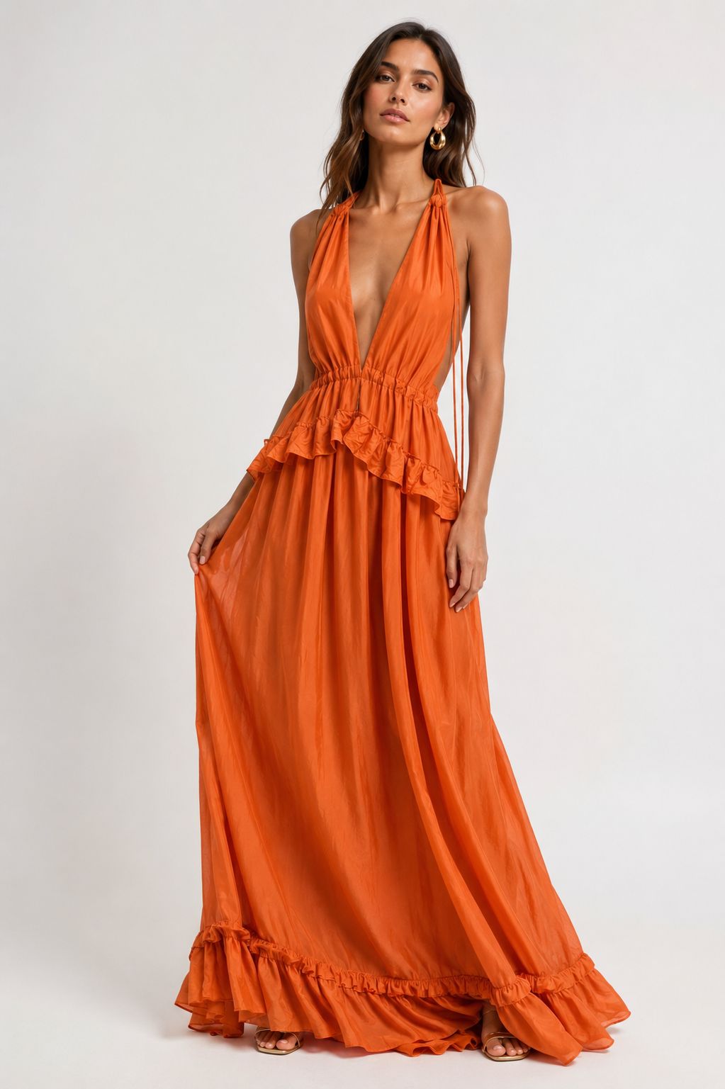 WhatsApp Image 2026-06-18 at 20.09.04 VESTIDO LARANJA COM DECOTE PROFUNDO E FOLHOS DIXIE - Image 1