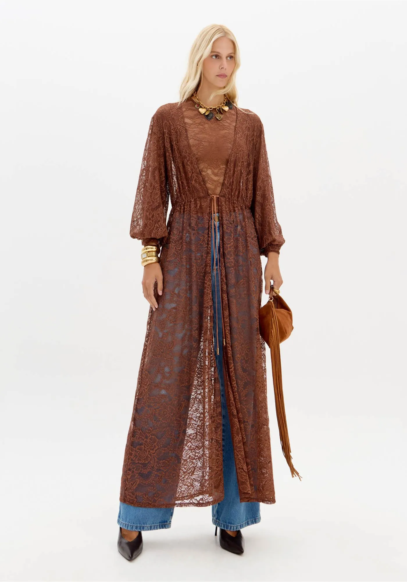 transferir (13) KAFTAN CASTANHO EM RENDA LANÇA PERFUME - Image 1