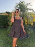 VESTIDO CURTO DE LINHO CASTANHO PONTO CHIC - Image 3